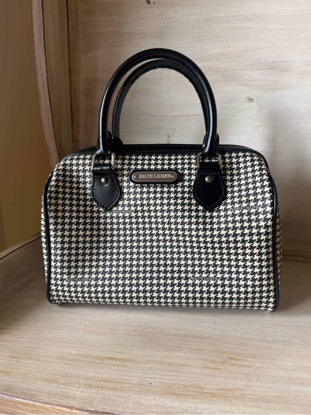 Vintage Ralph Lauren Black White Houndstooth Coated Canvas/Leather Boston Bag